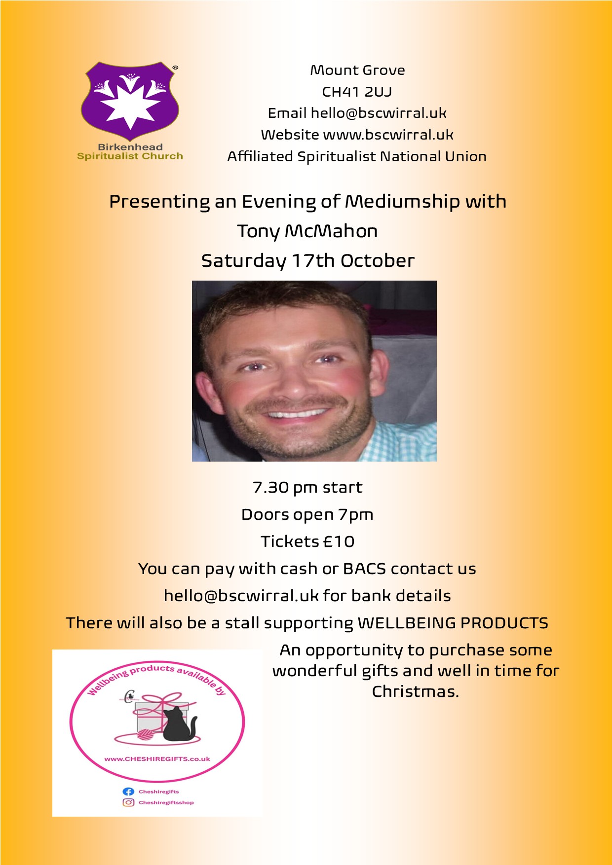 Tony McMahon evening of mediumship, Saturday 17 October 2026 — full original poster